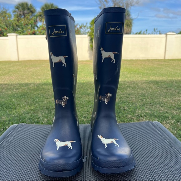 Joules Printed Navy Adjustable Tall Waterproof Wellies Rain Boots Dogs Size 10 - Picture 3 of 13